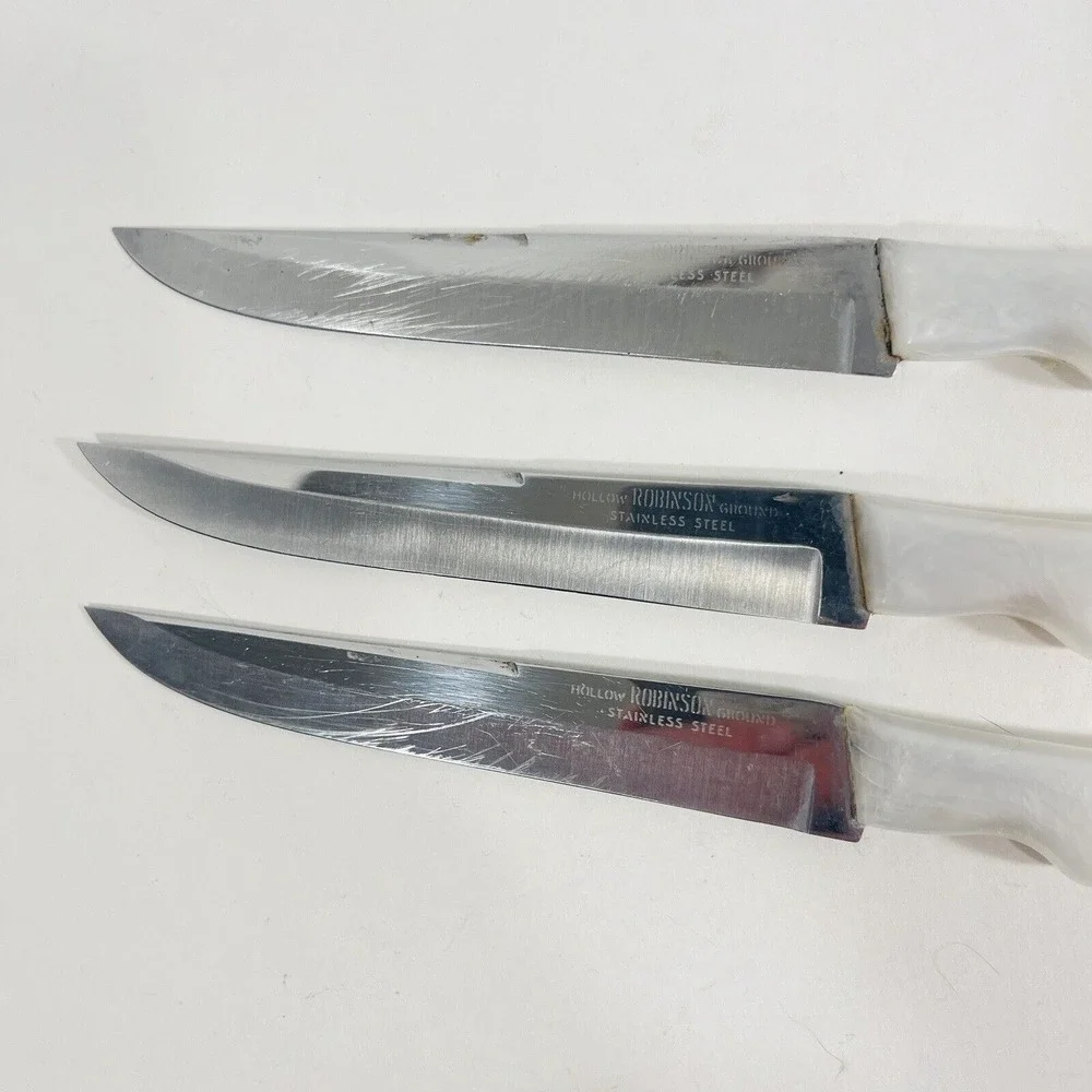 3 Robinson Hollow Ground Knife Set‎ White Pearl Handle Stainless Steel Vtg MCM
